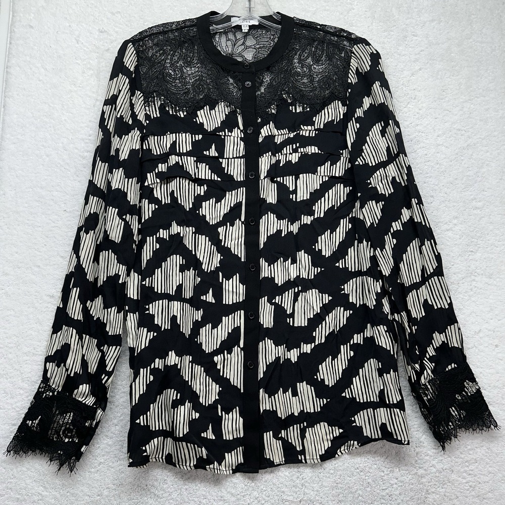 Reiss Womens Size 6 Black Long Sleeve Ana Lace Placement Print Top (T6)